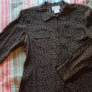 Field Manor Brown/Leaves Print 100% Silk Blouse
